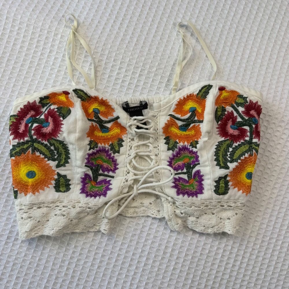 Forever 21 Floral Embroidered Lace Up Crop Top White Cotton Linen Small